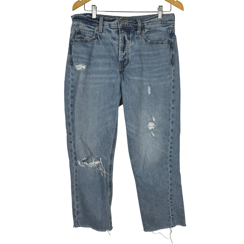 Old Navy Women 8 High Rise Slouchy Straight Distressed Raw Hem Jeans Blue Cotton